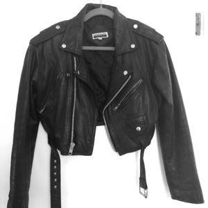 Cropped genuine leather motorcycle/moto jacket
